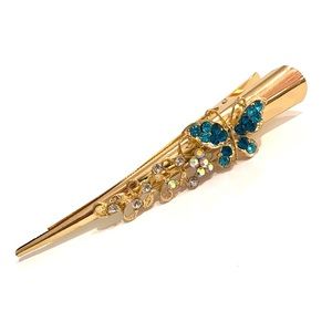 Updo Alligator Hair Clip Gold Tone Blue Rhinestones Butterfly 5”